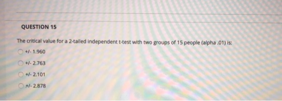 QUESTION 15 The critical value for a 2-tailed independent t-test with two groups of 15 people (alpha .01) is: +/- 1.960 +/- 2