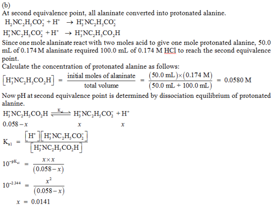 At second equivalence point, all alaninate converted into protonated alanine Since one mole alaninate react with two moles ac
