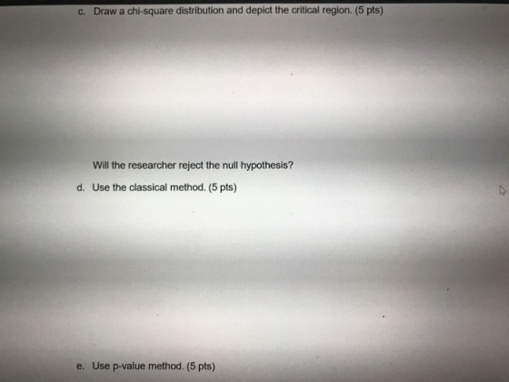 c. Draw a chi-square distribution and depict the critical region. (5 pts) Will the researcher reject the null hypothesis? d.