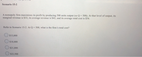 Scenario 15-2 A monopoly firm maximizes its profit by producing 500 units output (so Q = 500). At that level of output, its m