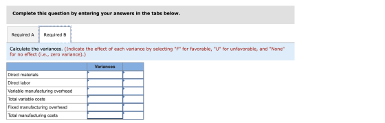 Complete this question by entering your answers in the tabs below. Required A Required B Calculate the variances. (Indicate t
