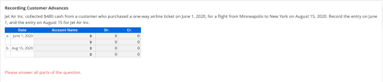 Recording Customer Advances Jet Air Inc. collected $480 cash from a customer who purchased a one-way airline ticket on June 1