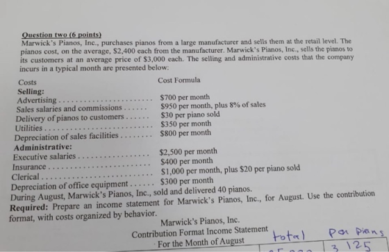 Question two 6 points) Marwicks Pianos, Inc., purchases pianos from a large manufacturer and sells them at the retail level.