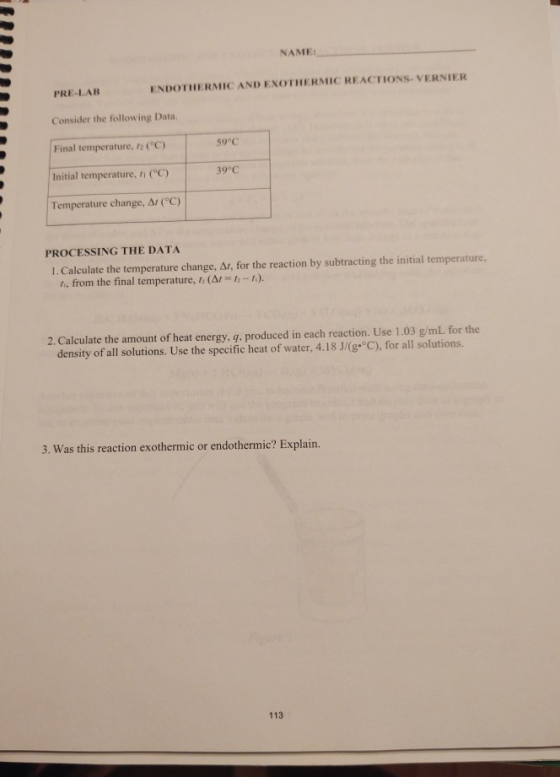 UUTIIL NAME: PRE-LAB ENDOTHERMIC AND EXOTHERMIC REACTIONS. VERNIER Consider the following Data 59°C Final temperature, 1 (°C)