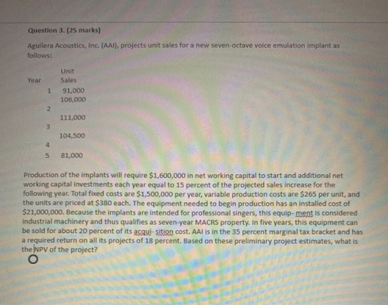 Question 3. (25 marks) Aguilera Acoustics, Inc. (AAI), projects unit sales for a new seven-octave voice emulation implant as