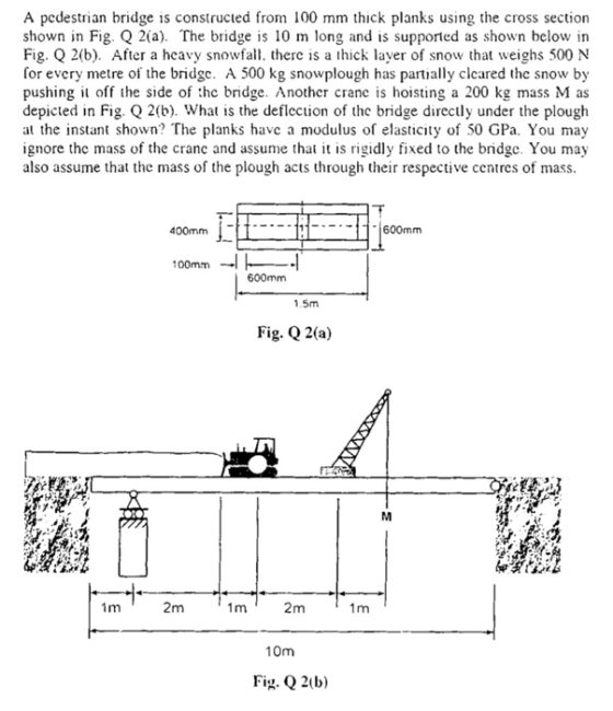 A pedestrian bridge is constructed from 100 mm thick planks using the cross section shown in Fig. Q 2(a). The bridge is 10 m
