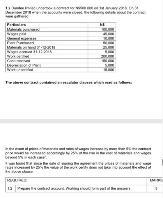 1.2 Dundee limited undertook a contract for N$500 000 on 1st January 2018. On 31 December 2018 when the accounts were closed,