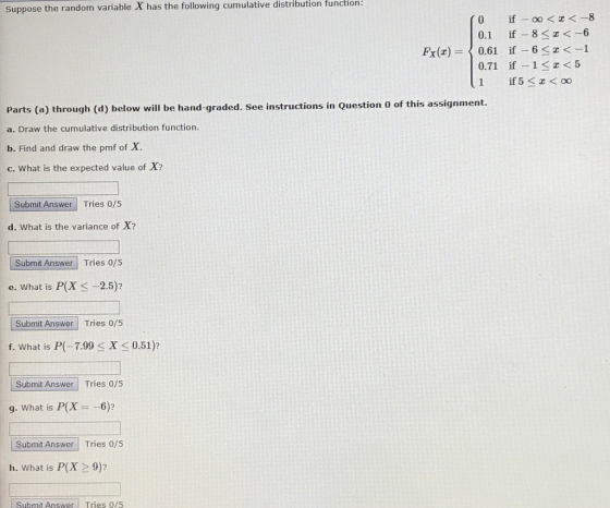 function: Suppose the random variable X has the following cunulative distribution 0 if-00<z<-8 0.1 if 8-6 0.71 if -1Kz<5 Parts (a) through (d) below will be hand-graded. See instructions in Question O of this assignment. a. Draw the cumulative distribution function. b. Find and draw the pmf of X. c. What is the expected value of X? Submit Answer Tries o/s d. What is the variance of X? Submit Answer Tries 0/5 e. What is P(X 2.5)? Submit Answer Tries 0/5 f. What is P(-7.99 X0.51)? Submit Answer Tries 0/5 g. What is P(X6) Submit Answer Tries 0/5 h. What is P(X 9)? Submit Answer Tries 0/5