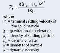 = glo:-P.)d? V 18μ where V = terminal settling velocity of the solid particle g = gravitational acceleration P. = density of