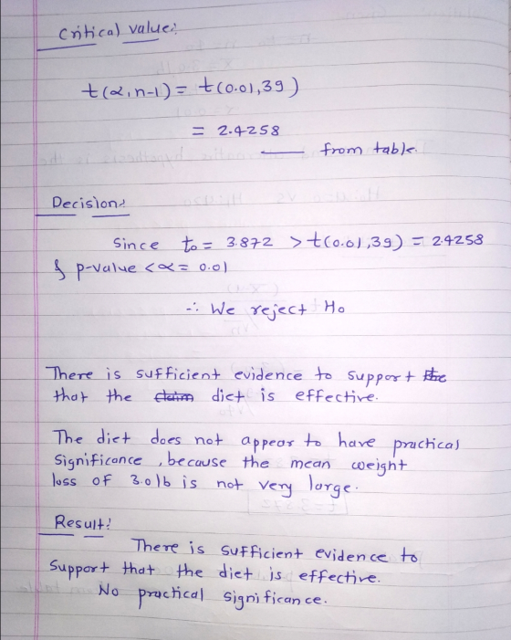 Critical values t@indl= (0.01,39) = 2.4258 - from table. Decision? Since to = 3.872 >tro.o1,39) = 24258 f p-value <Q=0.0) a.