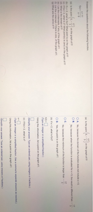 Answer the questions about the following function (a) is the point (5. - on the graph of X+11 O A No, because the domain of t