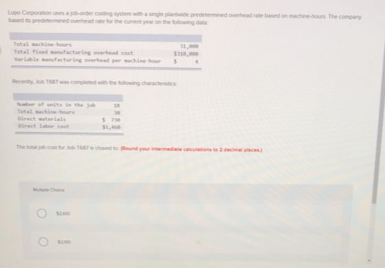 Lupo Corporation uses a job-order costing system with a single plantwide predetermined overhead rate based on machine-hours.