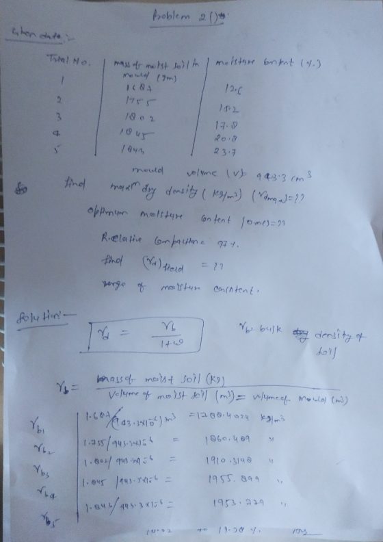 Roblem 21) here I No. moisture content 141 1 mass of moted soil mould com) 18. 1206 1802 Tour 17.0 20:1 23.7 mould volyme (v)