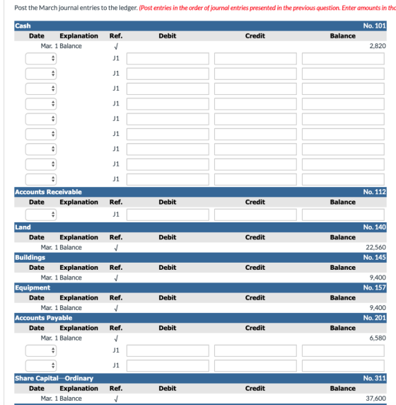 Post the March journal entries to the ledger. (Post entries in the order of journal entries presented in the previous questio
