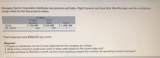Olongapo Sports Corporation distributes two premium golf balls-Flight Dynamic and Sure Shot. Monthly sales and the contributi