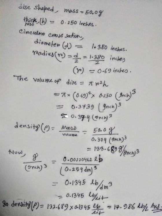 ness 2 dise shaped, mass - 50.00 Hiek (W = 0.250 inches. Circular crooss section, diameter (d) = 1.380 inches. padies (ro) d
