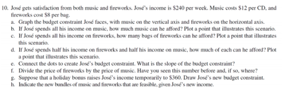 10. José gets satisfaction from both music and fireworks. Josés income is $240 per week. Music costs $12 per CD, and firewor