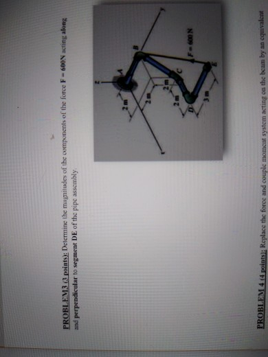 PROBLEM3 (3 points): Determine the magnitudes of the components of the force F-600N acting along and perpendicular to segment