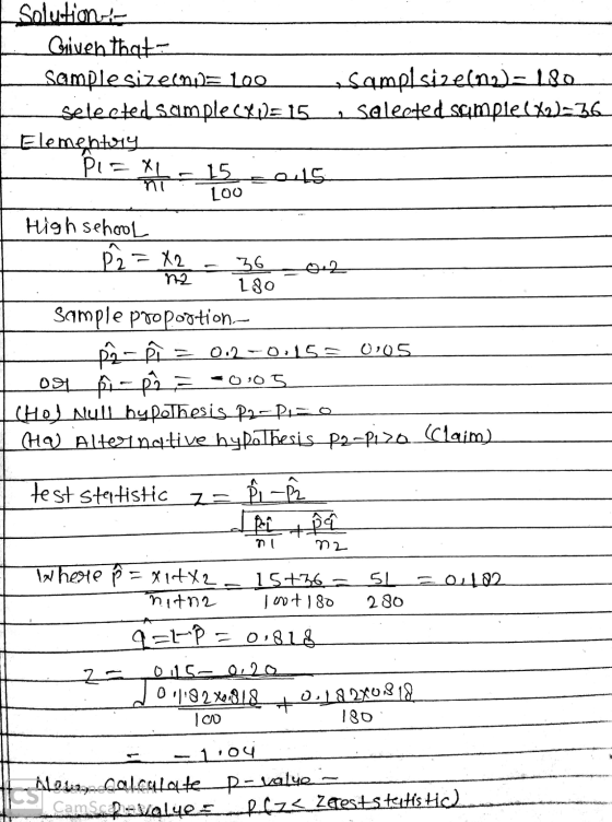 عقل سلعصئهتتعلمهمگر solution Given that sample sizecoda 100 selected sample cxpe 15e LElementary PLE PL= * = 15.2015 selected
