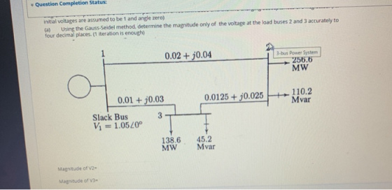 initial voltages are assumed to be 1 and angle zero) (a) Using the Gauss-Seidel method, determine the magnitude only of the v
