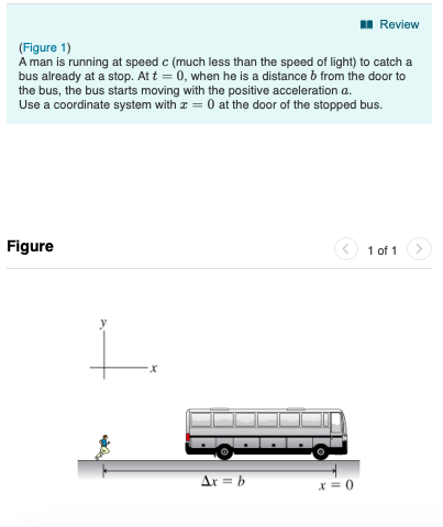 l Review (Figure 1) A man is running at speed c (much less than the speed of light) to catch a bus already at a stop. At t 0, when he is a distance b from the door to the bus, the bus starts moving with the positive acceleration a. Use a coordinate system with 0 at the door of the stopped bus. Figure 1 of 1> Ar-b