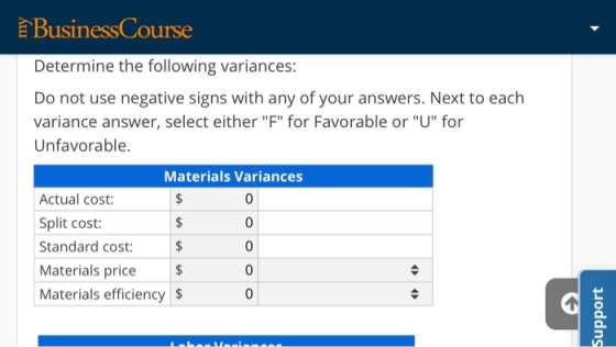 Business Course Determine the following variances: Do not use negative signs with any of your answers. Next to each variance