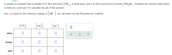 A solution is prepared that is initially 0.47 M in ammonia (NHZ), a weak base, and 0.43 M in ammonium bromide (NH Br). Comple