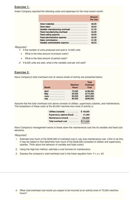 Exercise 1: Arden Company reported the following costs and expenses for the most recent month Amount Per Unit $6.00 $3.50 $1.