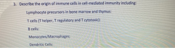 3. Describe the origin of immune cells in cell-mediated immunity including: Lymphocyte precursors in bone marrow and thymus: