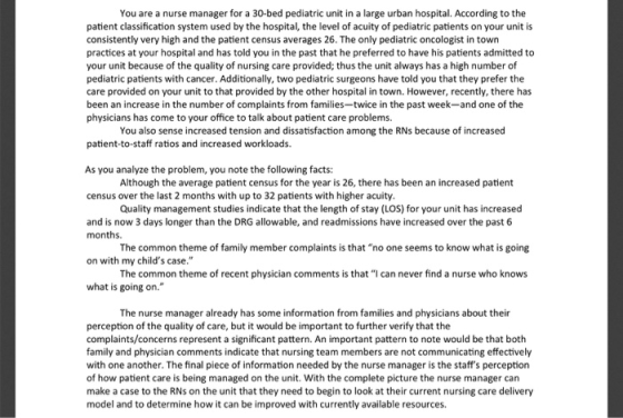 You are a nurse manager for a 30-bed pediatric unit in a large urban hospital. According to the patient classification system