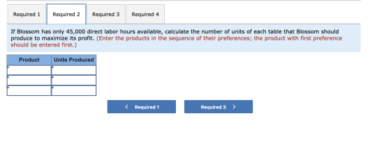 Required 1 Required 2 Required 3 Required 4 If Blossom has only 45,000 direct labor hours available, calculate the number of