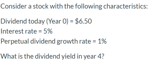 Consider a stock with the following characteristics: Dividend today (Year () = $6.50 Interest rate = 5% Perpetual dividend gr