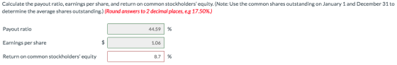 Calculate the payout ratio, earnings per share, and return on common stockholders equity. (Note: Use the common shares outst