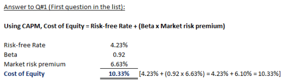 Answer to Q#1 First question in the list) Using CAPM, Cost of Equity Risk-free Rate+ (Beta x Market risk premium) Risk-free Rate Beta Market risk premium Cost of Equity 4.23% 0.92 6.63% 10.33% [4.23% + (0.92 x 6.63%-4.23% + 6.10%-10.33%)