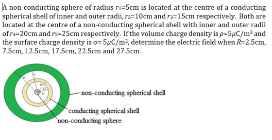 A non-conducting sphere of radius ri=5cm is located at the centre of a conducting spherical shell of inner and outer radii, r