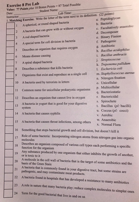 4 Exercise 8 Pre Lab Value: 77 Points plus 10 Bonus Points - 87 Total Possible Date: Student Name: Lab Time: Instructor: 1. M