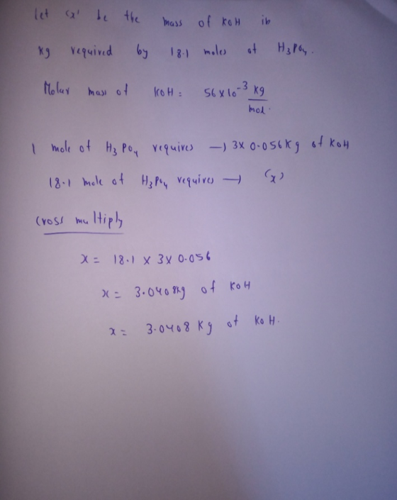 let a be the by mass of koth in 18.0 moles of kg required H₂ poy. Molar mass of IroH: 56810 -3 kg modi I mole of Hz Poy requ