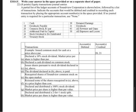 Write your answer in the space provided or on a separate sheet of paper 22) (8 points) Equity transactions-journal entries A