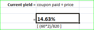 Current yield = coupon paid = price = 14.63% [(60*2)/820]