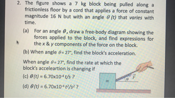 2. The figure shows a 7 kg block being pulled along a frictionless floor by a cord that applies a force of constant magnitude