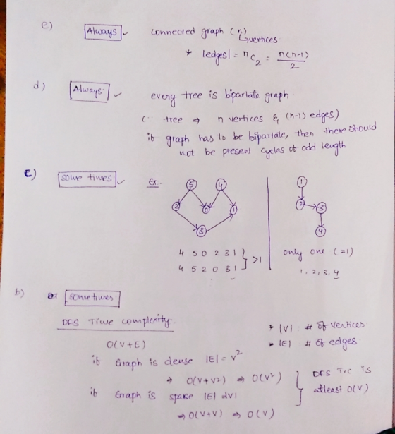 e) Always ioyConneed graph) suerhces 2. 2- every-hee is bipar lato Ưafh ttee n vertices (h) edgs) aph has to be bipastate, t