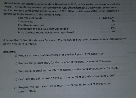 Stilton Hotels Ltd. issued 10-year bonds on November 1, 2020, to finance the purchase of several new hotels. The bonds pay in
