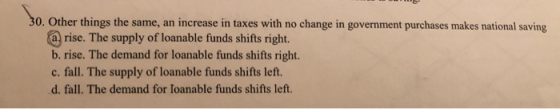 30. Other things the same, an increase in taxes with no change in government purchases makes national saving a rise. The supp