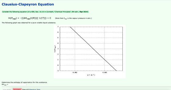 Clausius-Clapeyron Equation Consider the following equation (cf p 689, Sec. 16.10 in Zumdahl, Chemical Principles, 8th edn.