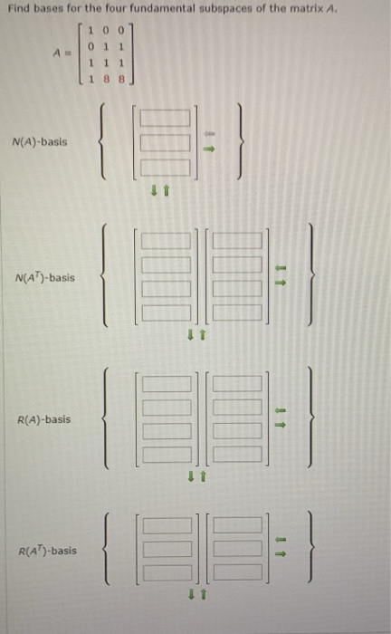 Find bases for the four fundamental subspaces of the matrix A. 1 0 0 Аа 0 1 1 1 1 1 8 8 N(A)-basis 11 N(AT)-basis R(A)-basis