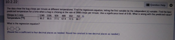 10.2.22 : Question Help The data show the bug chirps per minute at different temperatures. Find the regression equation, lett