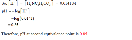 so, [H] = [HİNC.H.COİ] = pH =-log[H.] 0.0141 M -log(0.0141) 0.85 Therefore, pil at second equivalence point is 0.85.