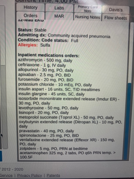Labs History Orders 12-leau ENG Primary Care Note Daviss Nursing Notes | Flow sheets MAR Status: Stable Admitting dx: Commun