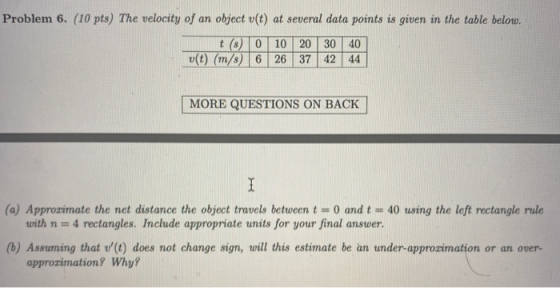 Problem 6. (10 pts) The velocity of an object v(t) at several data points is given in the table below. t (8) 0 10 20 30 40 v(