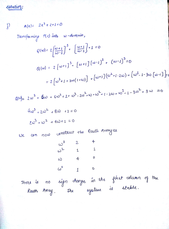 Sclution: a)-1 2. 2 4 2 Routh A syalan stable .